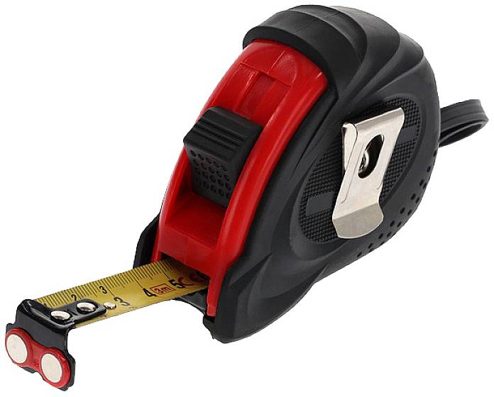 Black and red tape measure with 4 cm extended on the measuring scale.