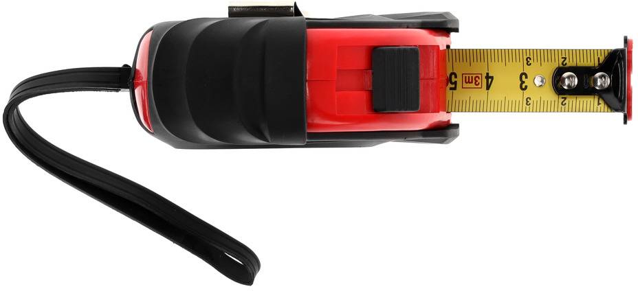 Tape measure with a black casing and red accent; displays length measurement with prominent numbers.