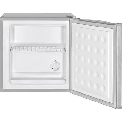 Open small fridge with a wire shelf and a rotary knob for temperature adjustment on the inside.