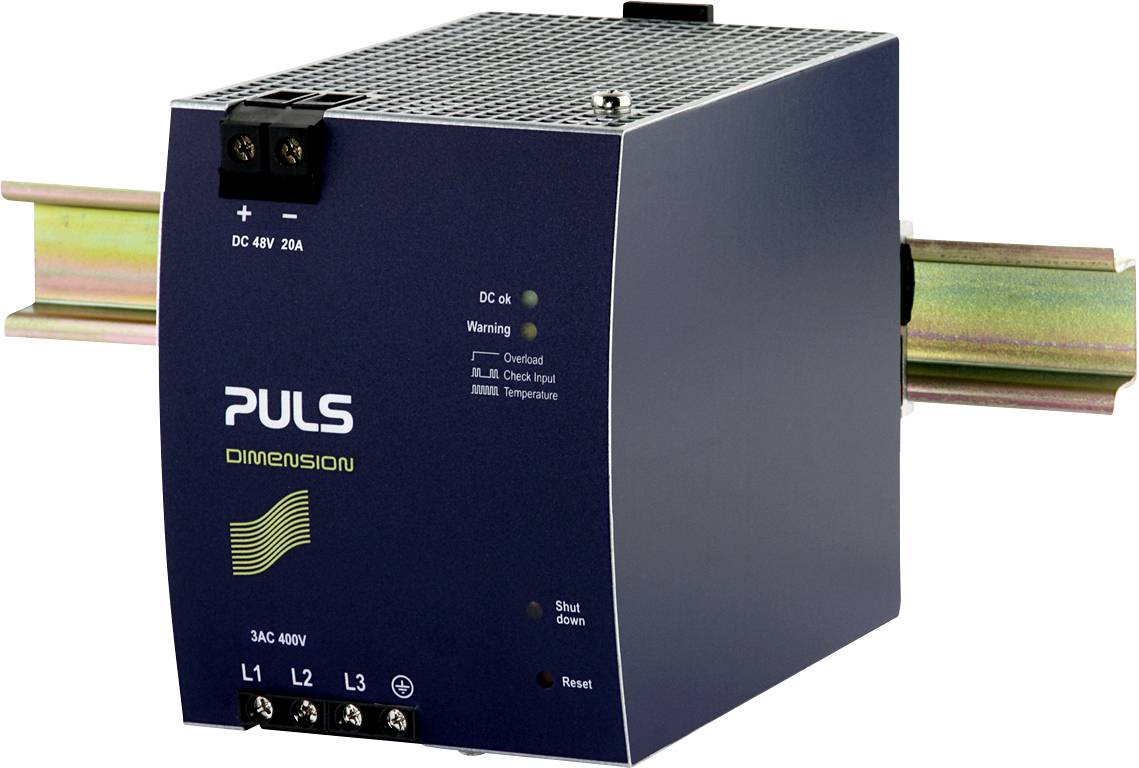'Blue switch-mode power supply by PULS, DIMENSION model, mounted on a DIN rail. Indicator LEDs show operating status.'