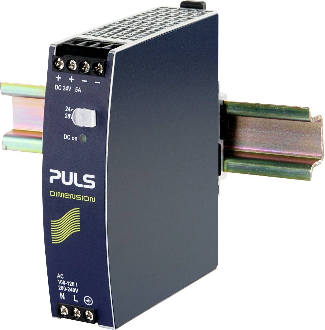 Blue power supply unit by Puls Dimension mounted on a DIN rail, with connections for input and output, and LED indicator.