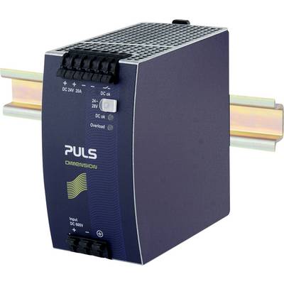 'PULS Dimension' power supply unit mounted on a DIN rail, with connection terminals and LED indicators for DC status and overload.