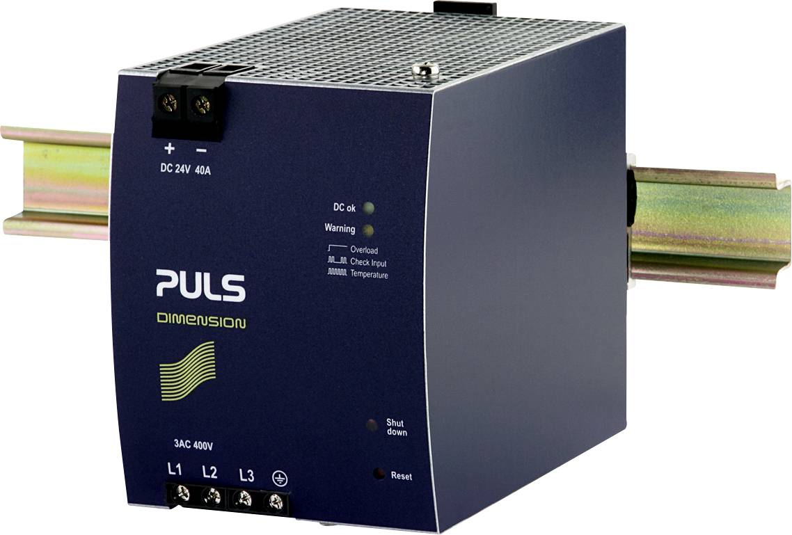 A DIN rail-mounted power supply from Puls with the marking 'DC 24V 40A'. Features status indicators for 'DC ok', 'Warning' and 'Overload'.