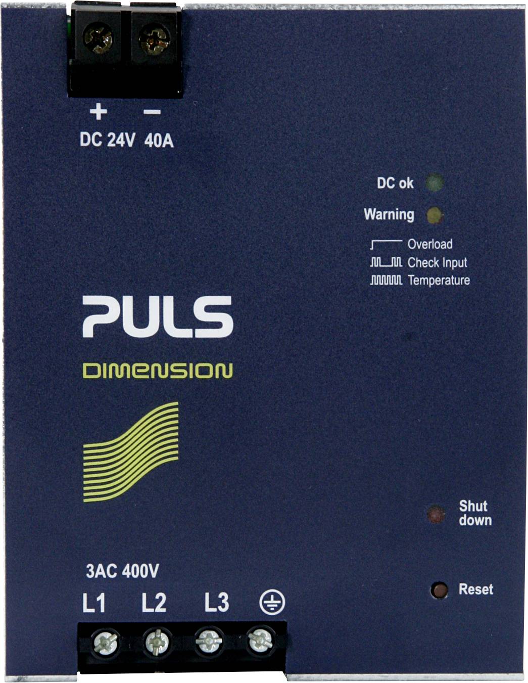 'PULS Dimension' power supply, front panel with 24V DC output, 40A. Displays status indicators: 'DC ok', 'Warning', 'Shut down', 'Reset'.