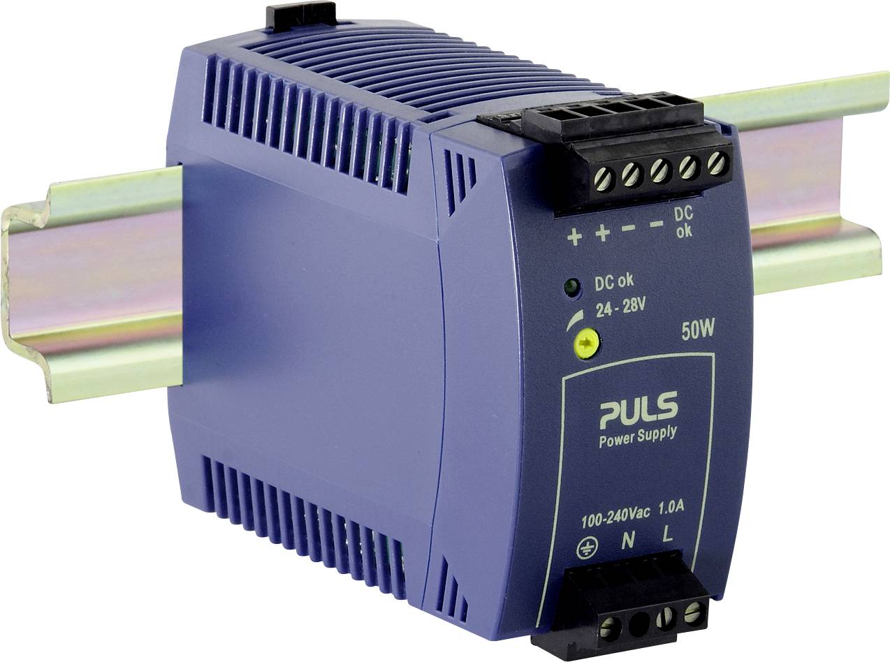 A blue DIN rail-mounted switch-mode power supply from 'PULS Power Supply', delivering 24-28V DC with 50W power and 100-240V AC input.