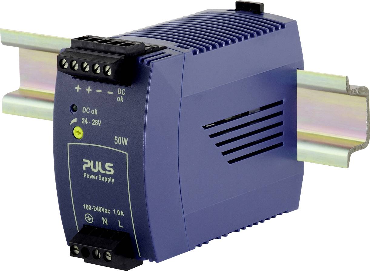 Blue DIN rail mounted switched-mode power supply with input and output voltage specifications.