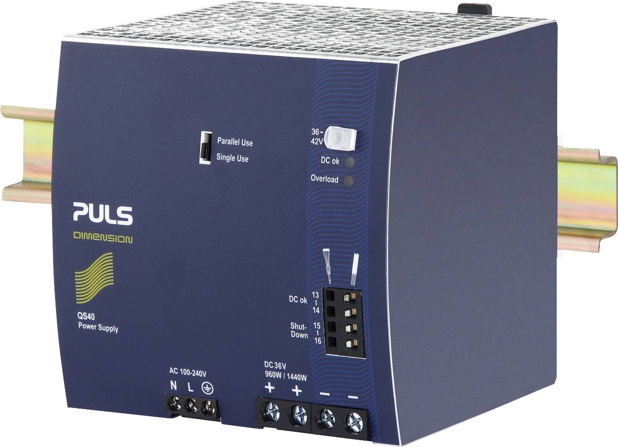 A power supply unit from PULS Dimension, Model QS40, mounted on a DIN rail. Suitable for AC 100-240V, 40A, with LEDs for status indicators.