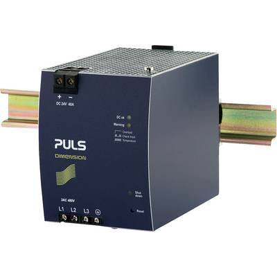 A PULS switched-mode power supply mounted on a DIN rail, with LED indicators for status and warnings and terminals located at the top.