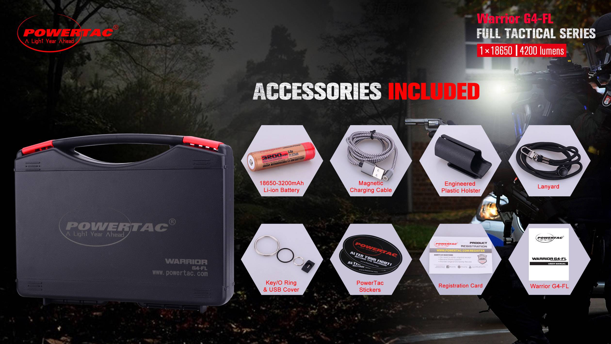 The PowerTac Warrior 64-FL is shown with eight included accessories: battery, magnetic charging cable, pouch, O-rings, mounting clip, warranty card.