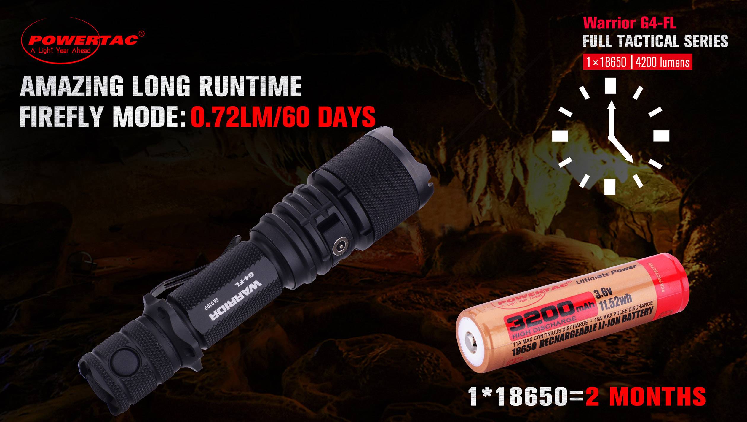 'PowerTac Warrior G4-FL torch, long runtime in Firefly mode: 0.72 lumens/60 days. Includes an 18650 battery. Suitable for tactical operations.'