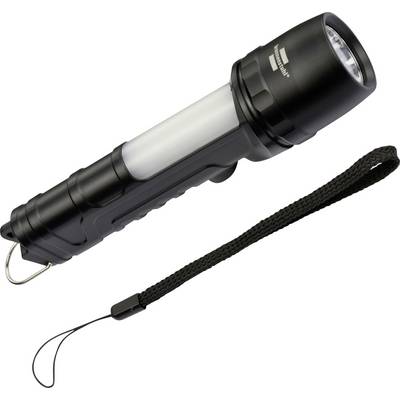 Black flashlight with a wrist strap and translucent side body, shown on a white background.