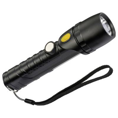 Black handheld flashlight with wrist strap and two side buttons on a white background.