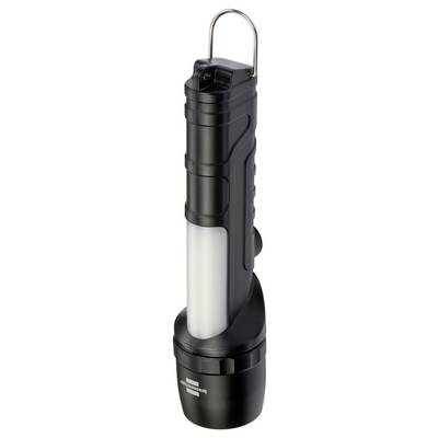 Black and silver rechargeable flashlight standing upright in a charging dock, shown on a white background.