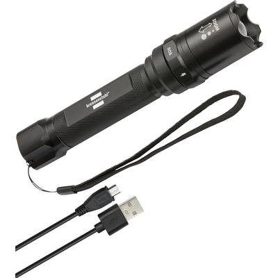 Black rechargeable flashlight with wrist strap and USB charging cable displayed on a white background.