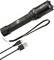 Black rechargeable flashlight with wrist strap and USB charging cable on white background.
