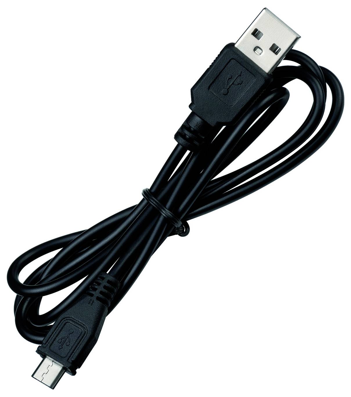 Black USB to micro-USB cable coiled on a white background.