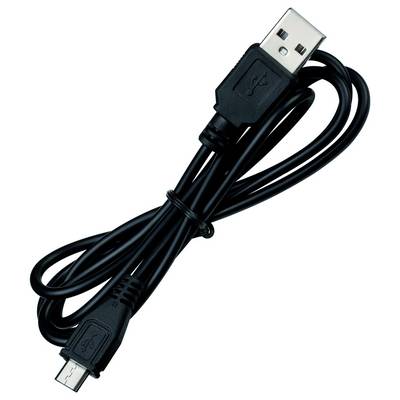 Black USB to micro-USB cable coiled on a white background.