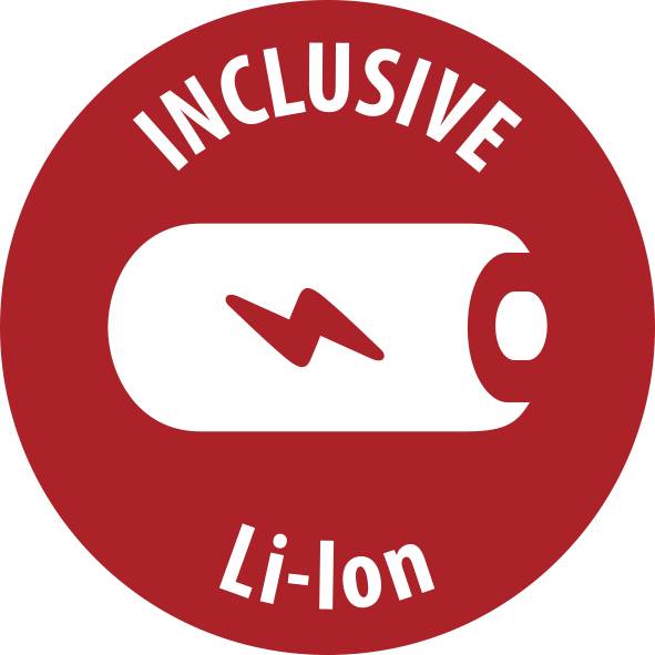 Red circular 'INCLUSIVE Li-ion' battery icon with a white battery and lightning bolt symbol.