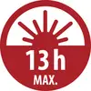Red circular warning sign with a rising sun icon and the text '13h MAX.', indicating a maximum of 13 hours.