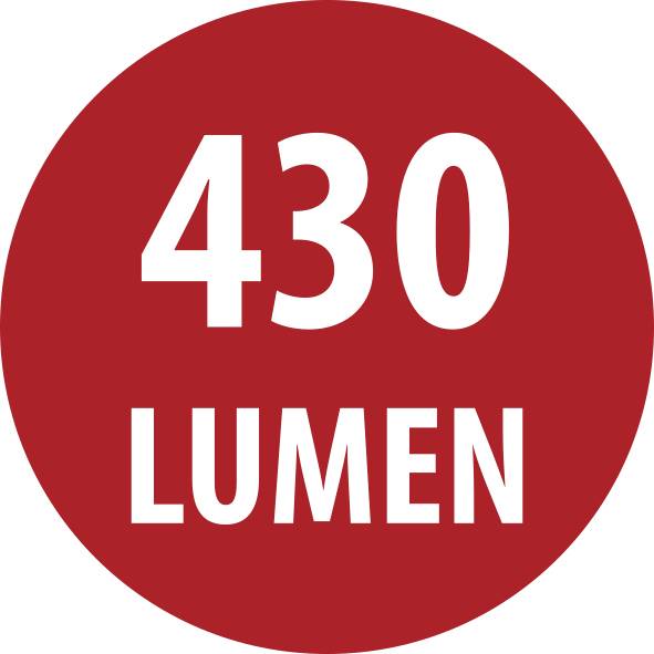 Red circular label reading '430 LUMEN' in white text.