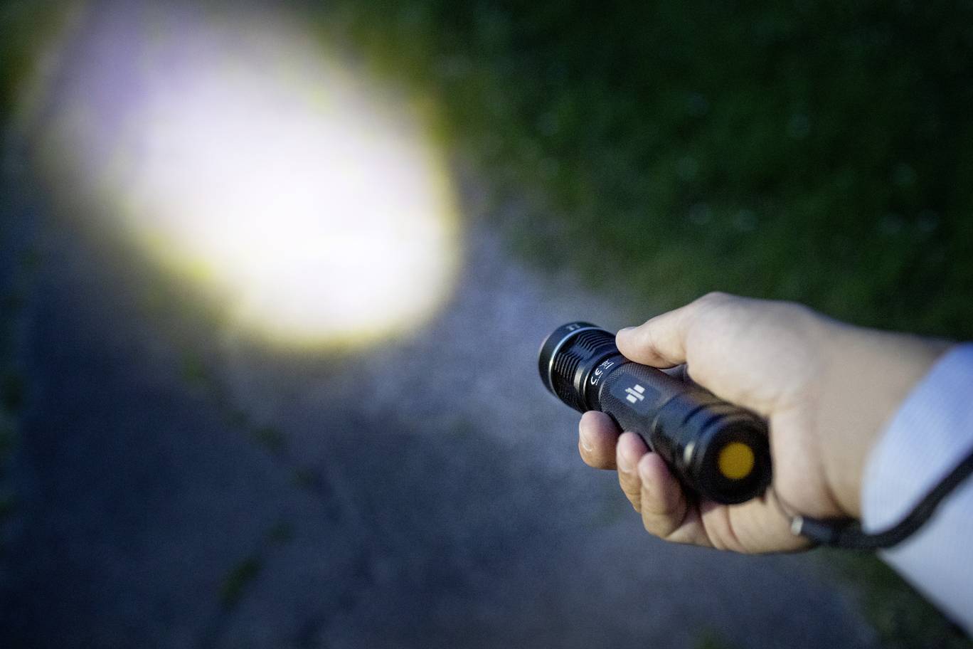 A person is holding a torch and shining it along a dark path.