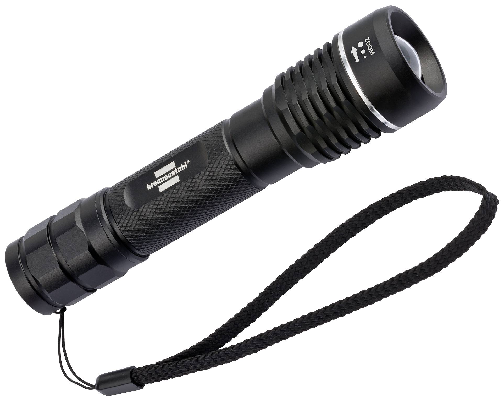Black, cylindrical torch with hand strap, textured grip and focus lens; battery-powered design.