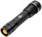 'Torch with a black, ribbed handle and yellow LED light. A zoom symbol is located at the top. Design for outdoor use.'<br><br>Note: In British English, a 'flashlight' is typically called a 'torch', and terms like 'outdoor' are written as one word.