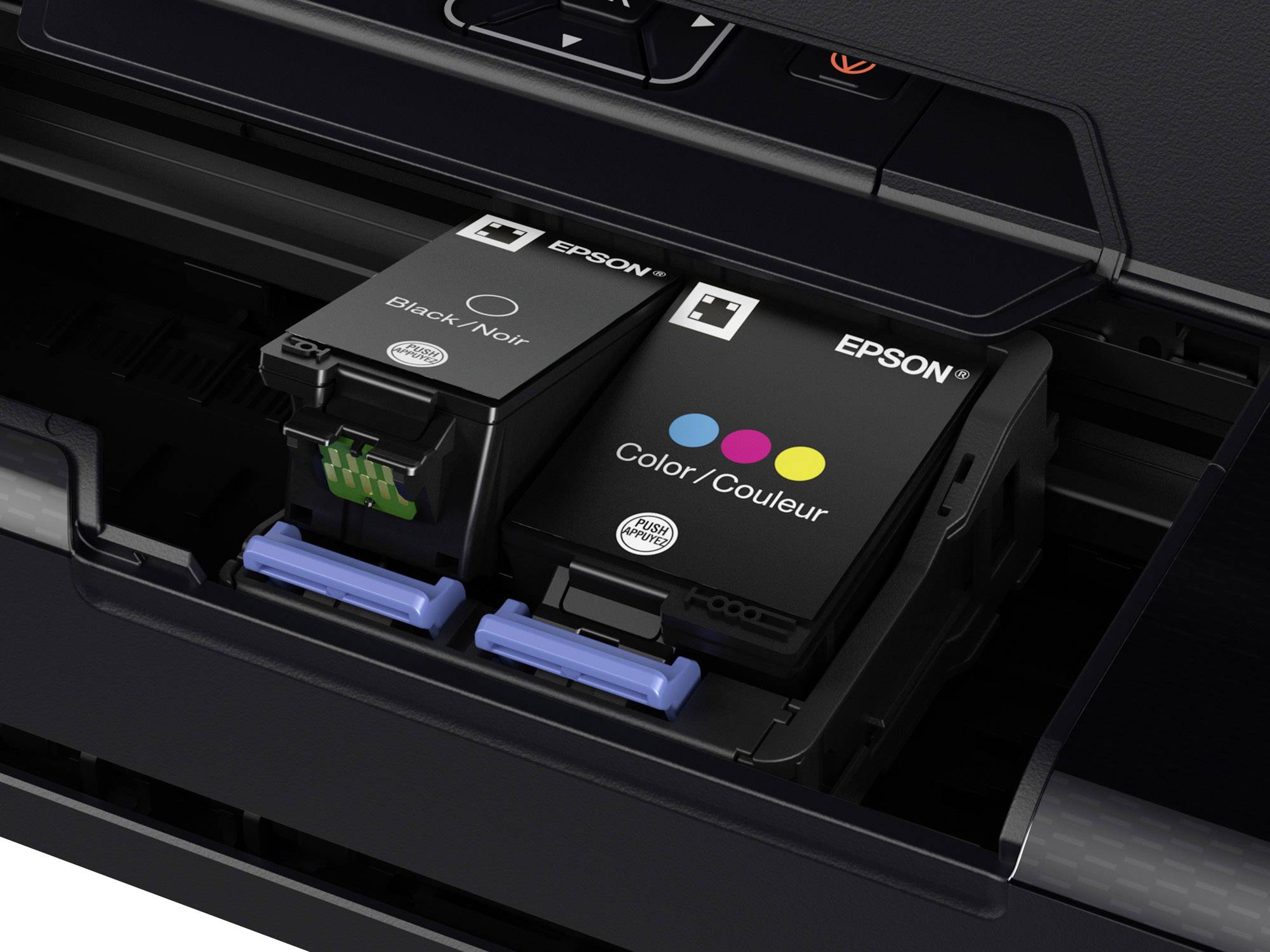 Black and coloured printer cartridges in an open holder, ready for printing.