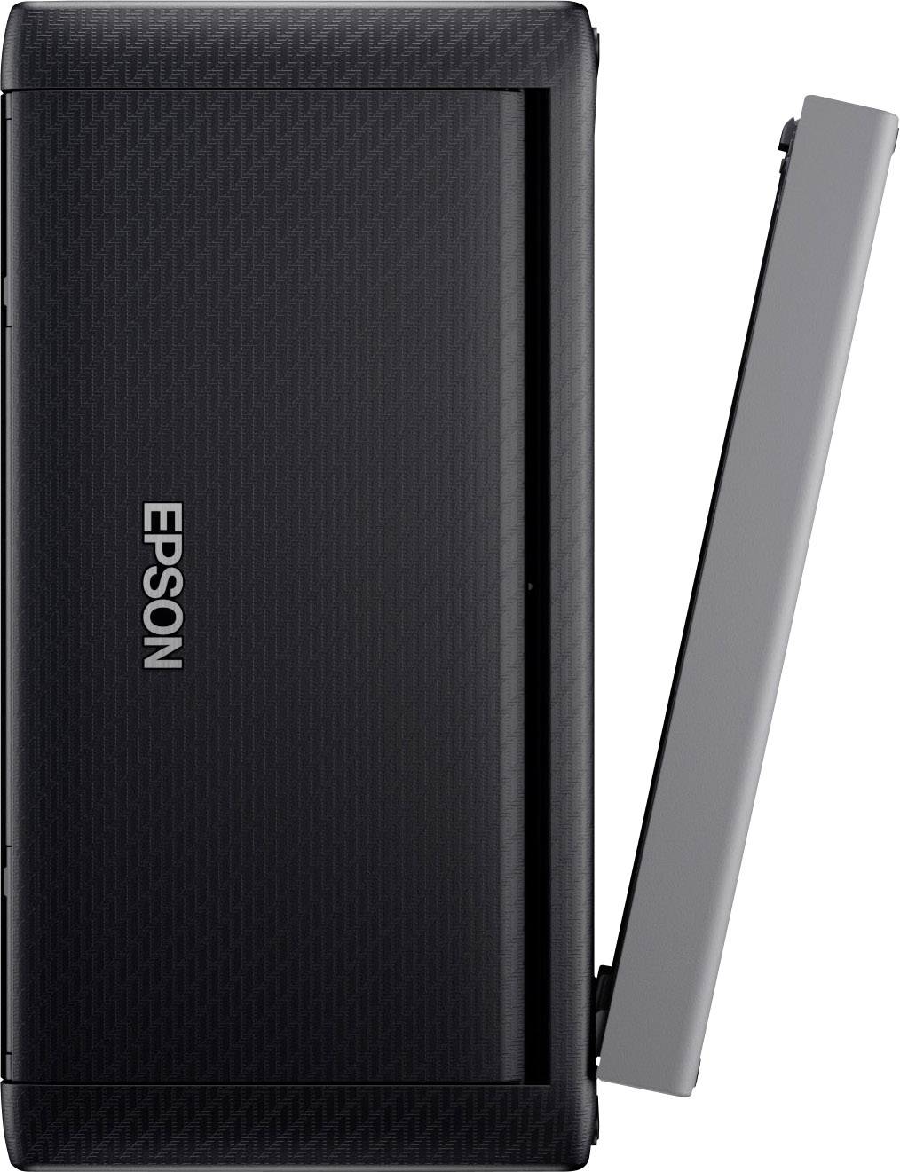 An Epson scanner is partially open, showing a modern, compact design in black.