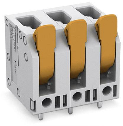 Three grey electrical plug connectors with orange levers, used for easy wire connection.