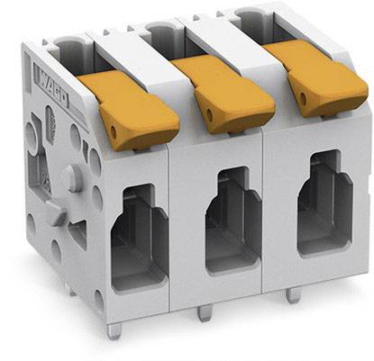 Three-pole connector with grey housing and orange levers, suitable for electrical installations.