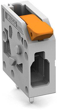 Figure of a grey electrical connector with an orange lever, used for connecting electrical wires in electrical engineering.