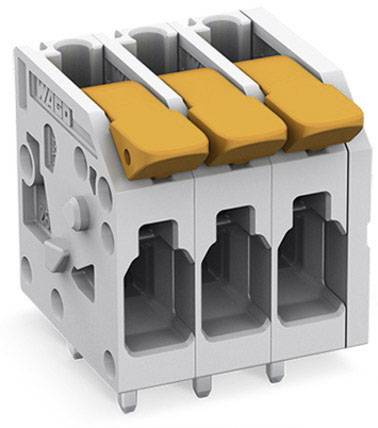 'Electrical plug-in terminal block with three orange levers for connecting wires, enables simple connection and secure joining.'