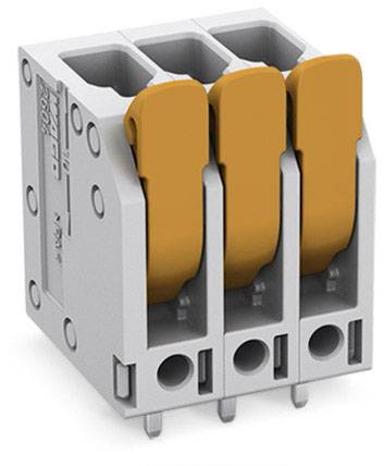 'Triple socket terminal strip with orange levers, for secure electrical connection.'