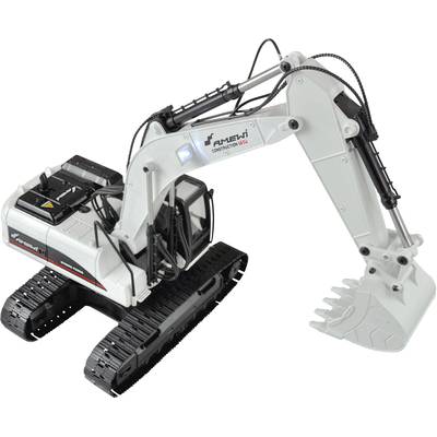 A white excavator with black crawler tracks, extended arm and bucket, pictured side-on in a studio.