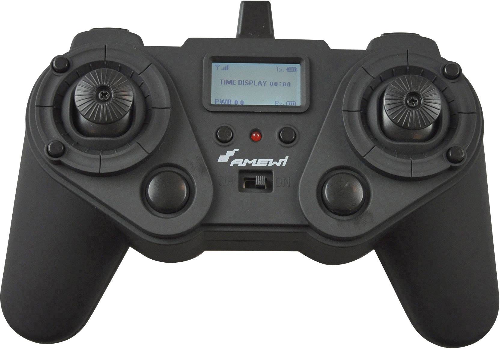 A black remote control controller with two joysticks, a small display in the centre, and several buttons.