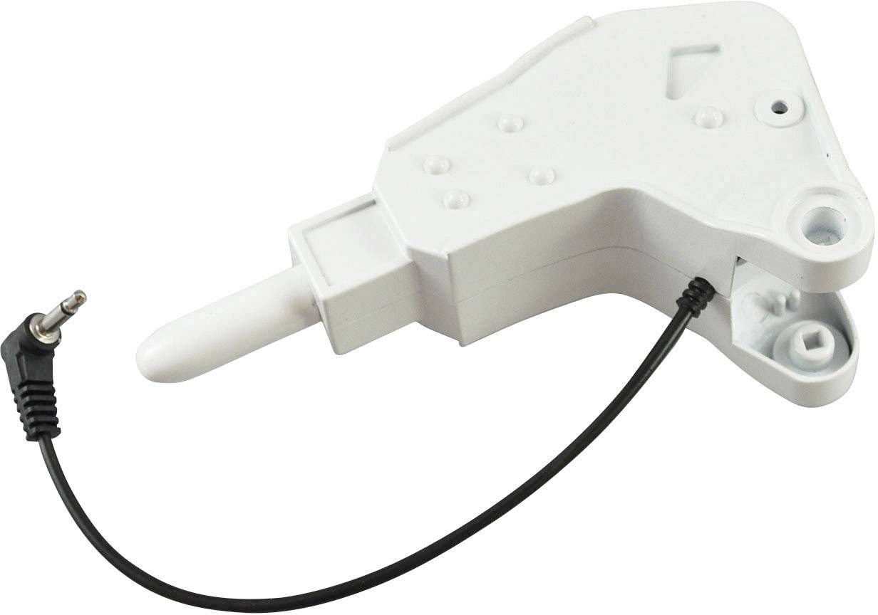 White cable switch adapter with cable and jack plug. Adapter is rectangular with rounded edges and side connection.
