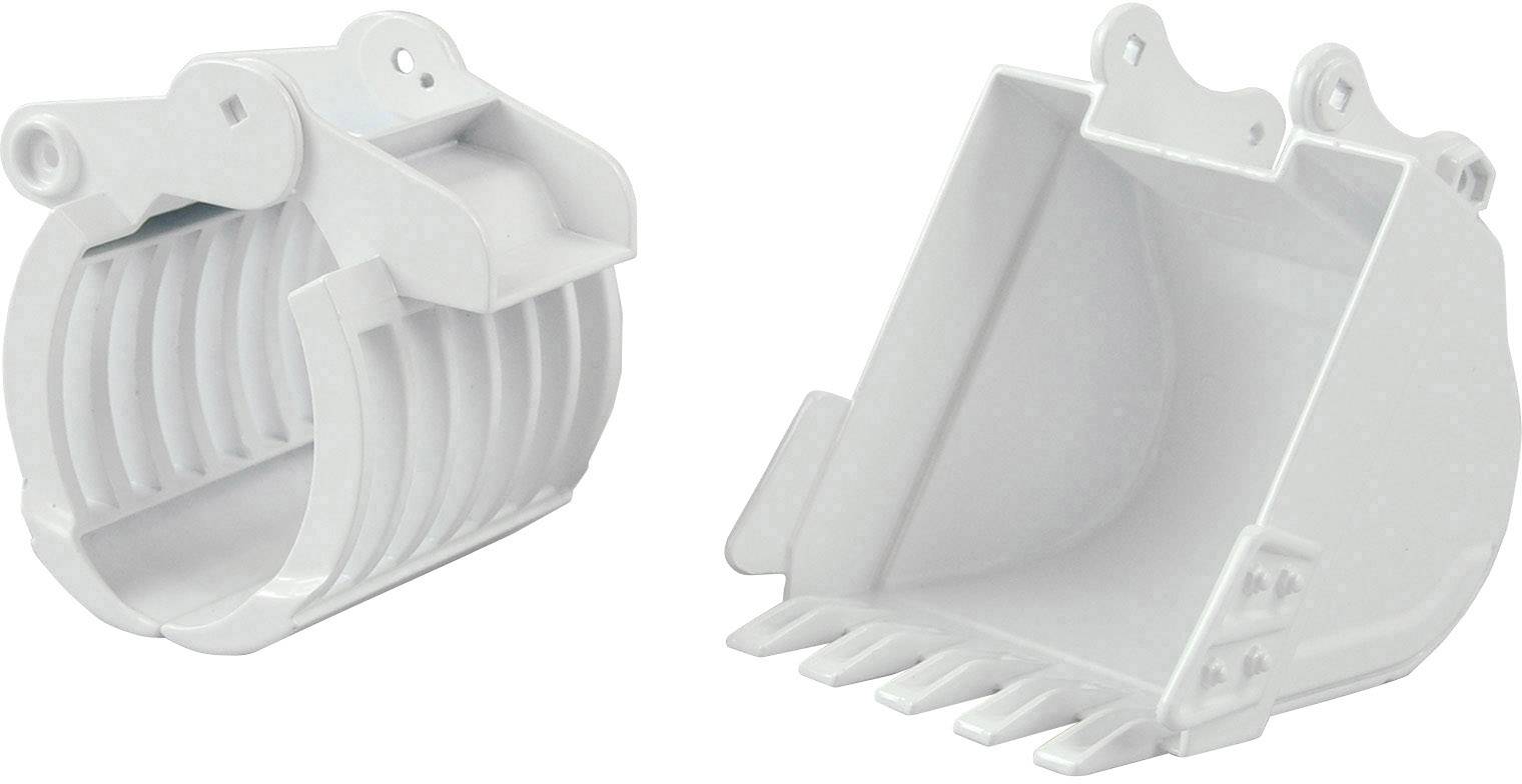 Two differently shaped excavator buckets, one with gripping jaws and the other with rigid teeth, symbolise versatile application possibilities.