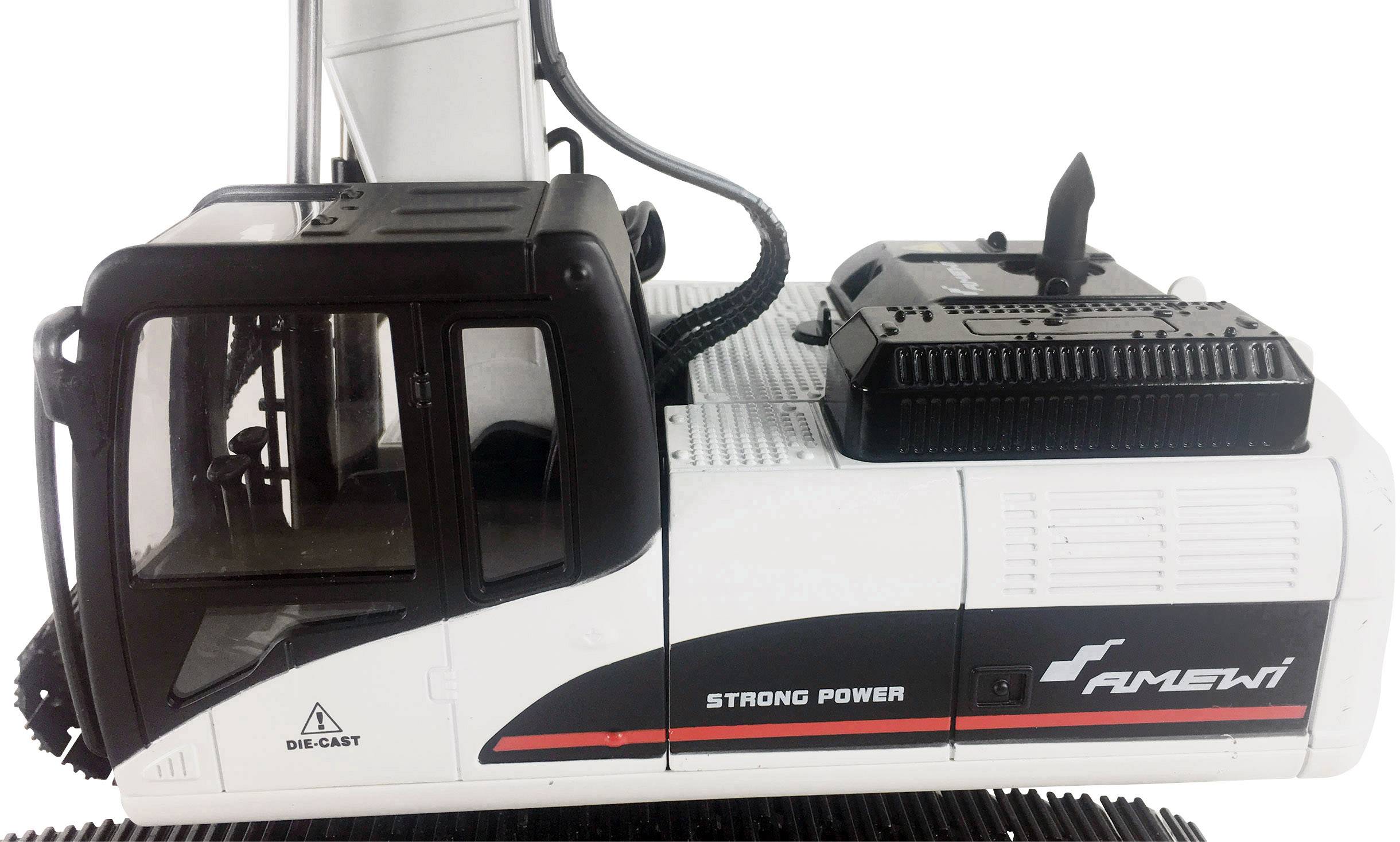 A model of a black and white excavator from the side, with a cabin window and the inscription 'STRONG POWER' on the side.