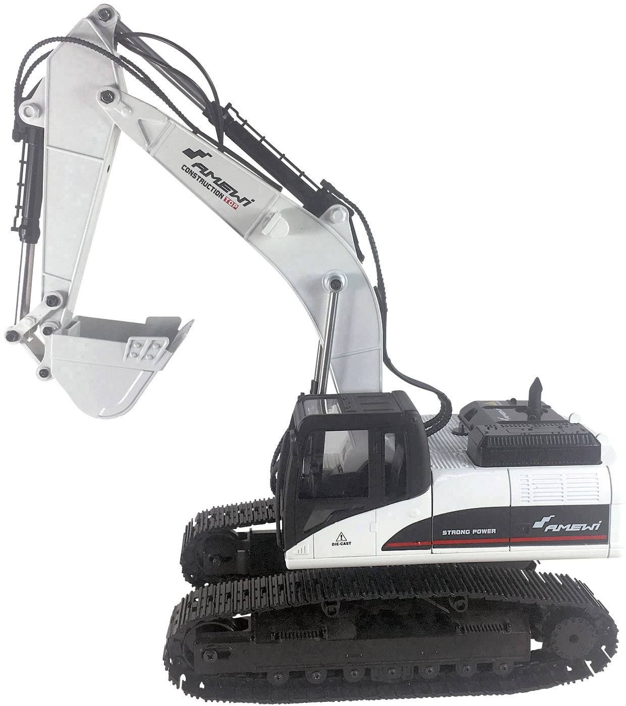 A large toy digger with a white bodywork and black tracked chassis. The excavator arm is raised, ready to dig.