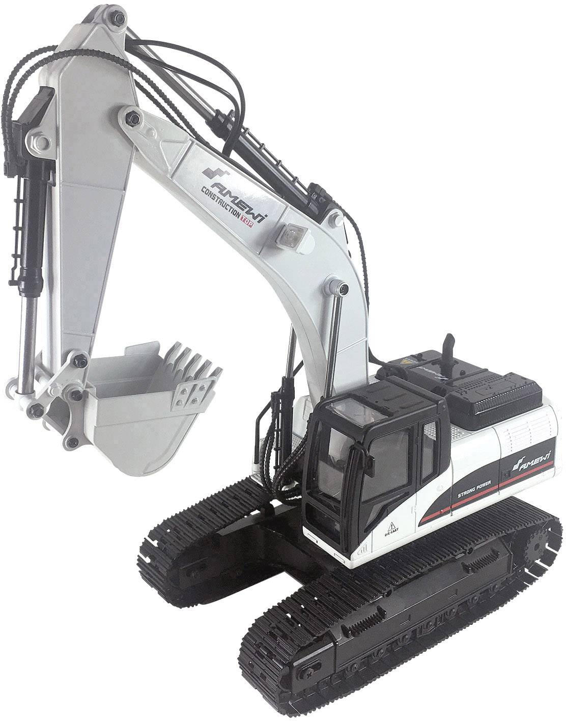 A white excavator with a large boom and tracked wheels stands upright.
