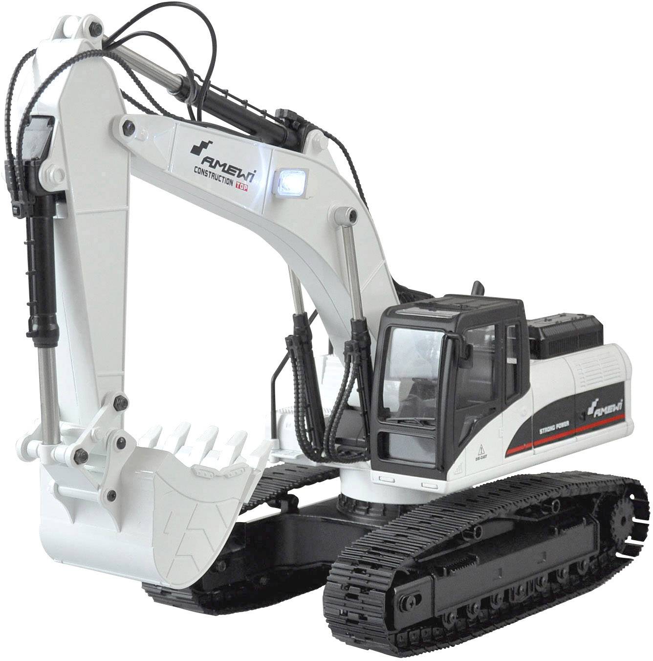 A white toy digger with a black chassis and realistic details, including a movable bucket and cab.