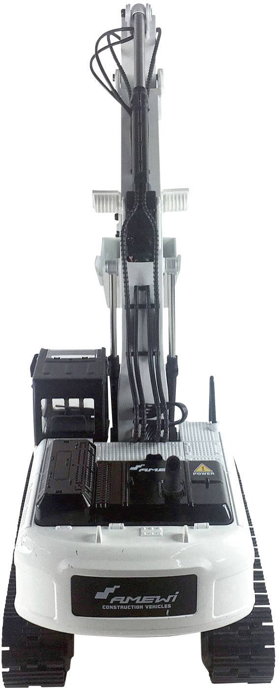 A white toy digger with black tracks and levers is shown from the front.
