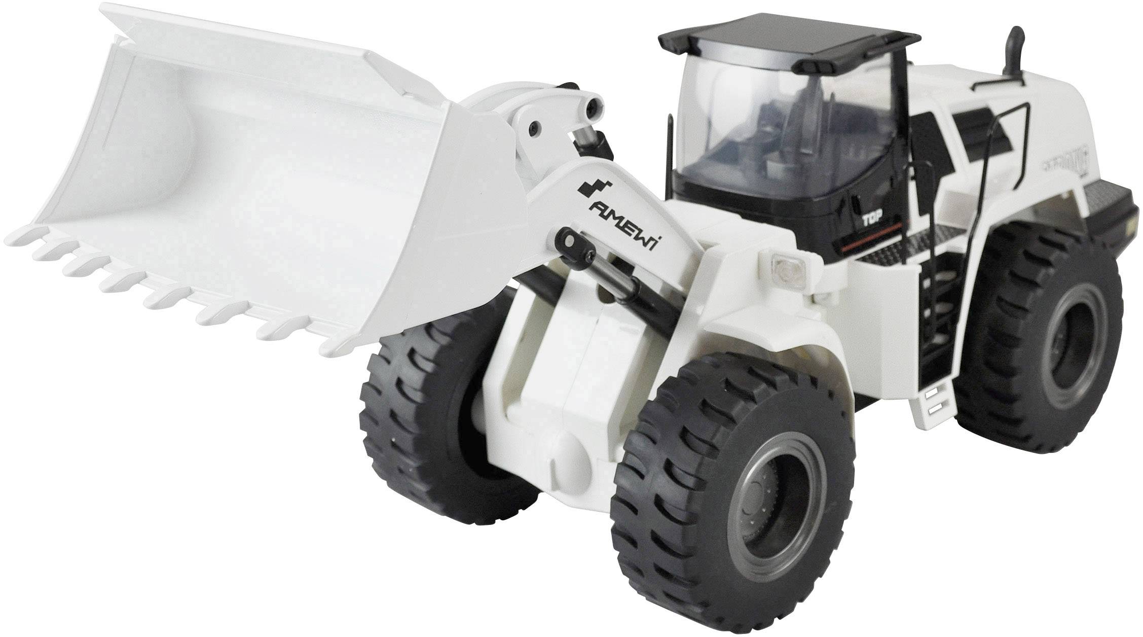 A white toy digger with large tyres and raised bucket stands against a neutral background.