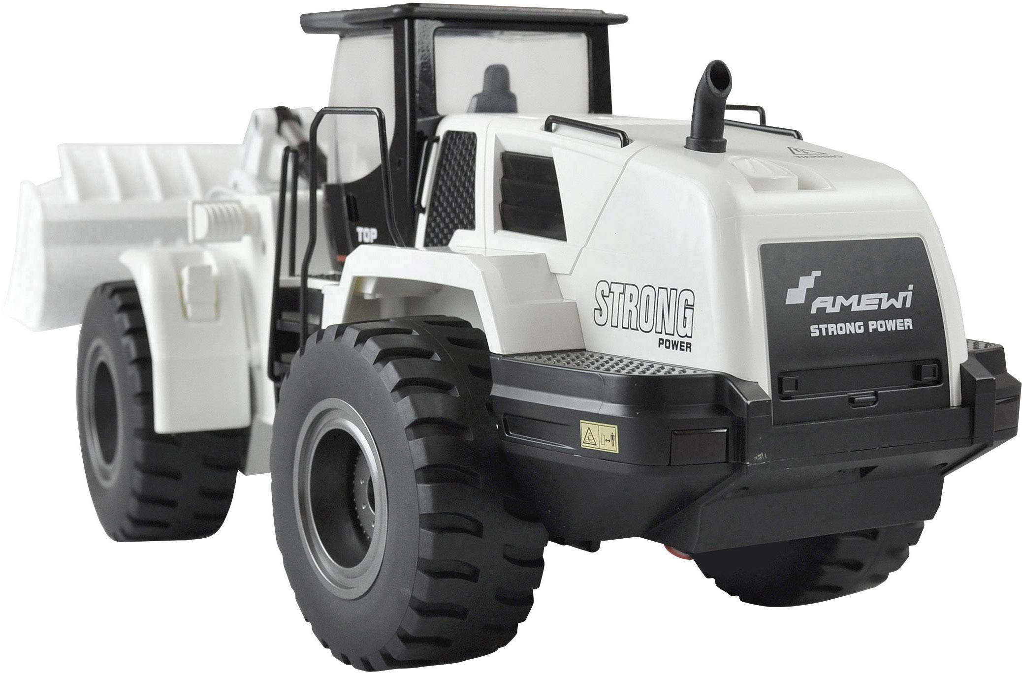 Remote-controlled off-road toy vehicle in white and black, with 'Strong Power' inscription. Large tyres and robust design.