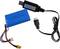 Blue lithium-ion battery with cable connections and black USB charging cable.