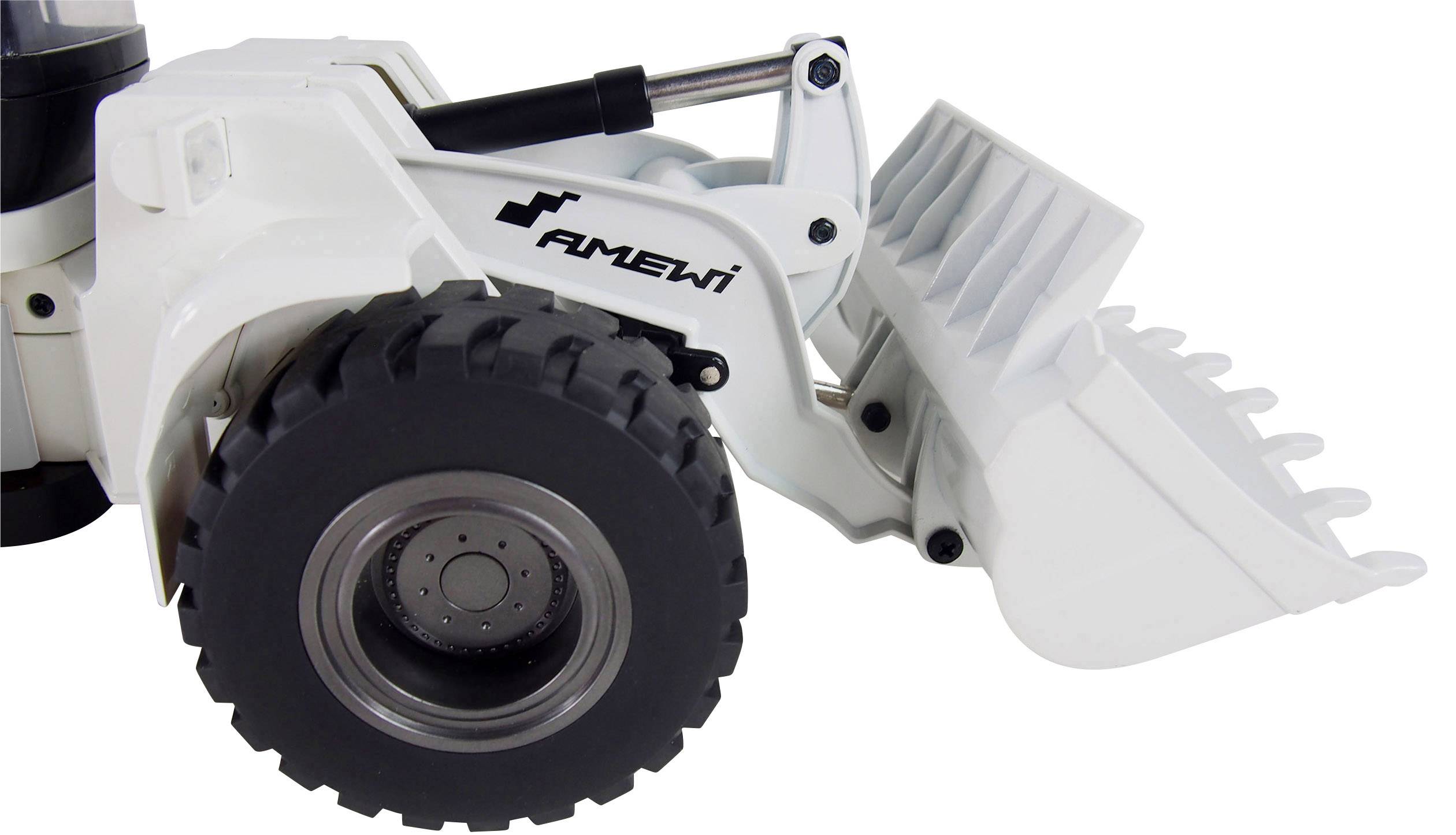 White toy digger with black tyre and bucket, brand 'Amewi', on white background.