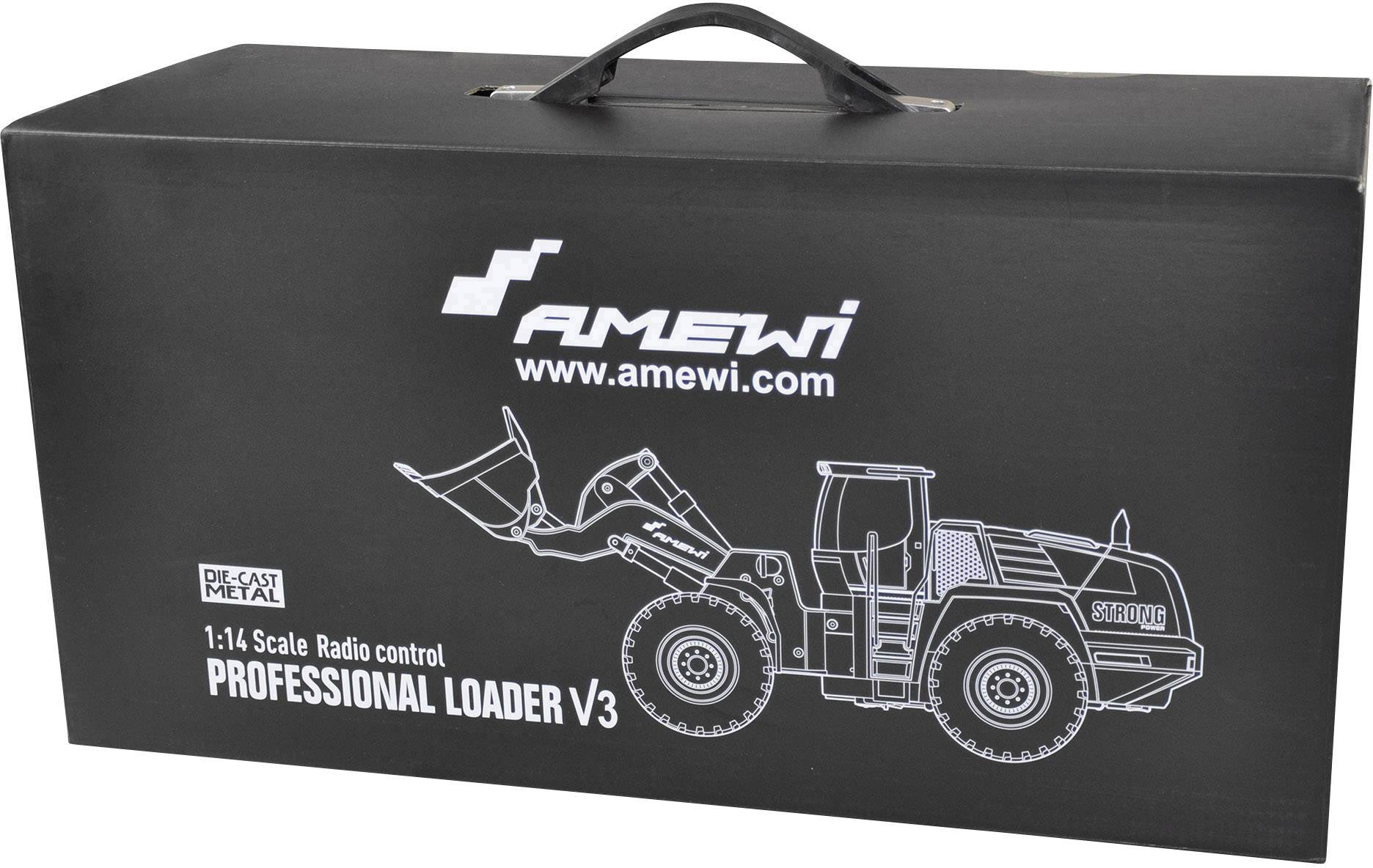 Black cardboard box with 'AMEWI' inscription, image of a wheeled loader and text '1:14 Scale Radio Control Professional Loader V3'.