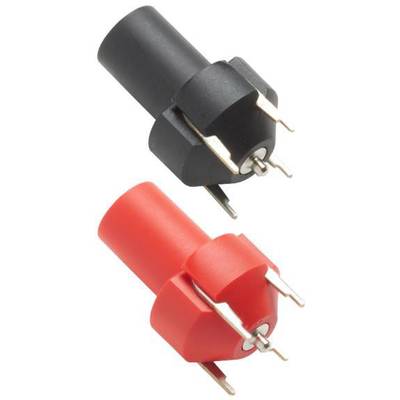 Two banana plugs, black on top and red on the bottom, positioned side by side. They have metal pins and are used for electrical connections.