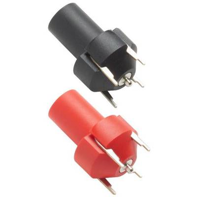 Two coloured plastic plugs, black and red, stacked on top of each other. Both have three metal contacts and are designed for electronic applications.